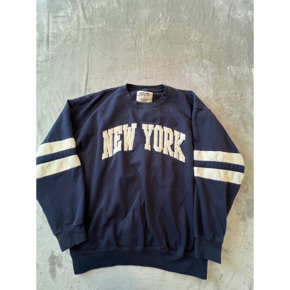 New York Popular Sweatshirt Mens Large Navy Blue Crewneck Varsity Stripe Graphic